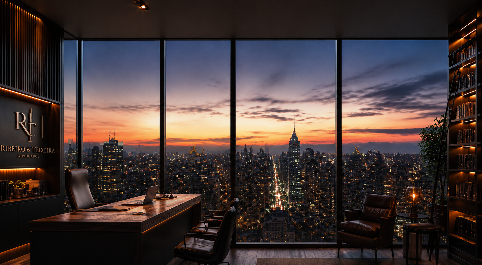Escritório de advocacia moderno com vista panorâmica da cidade ao entardecer
